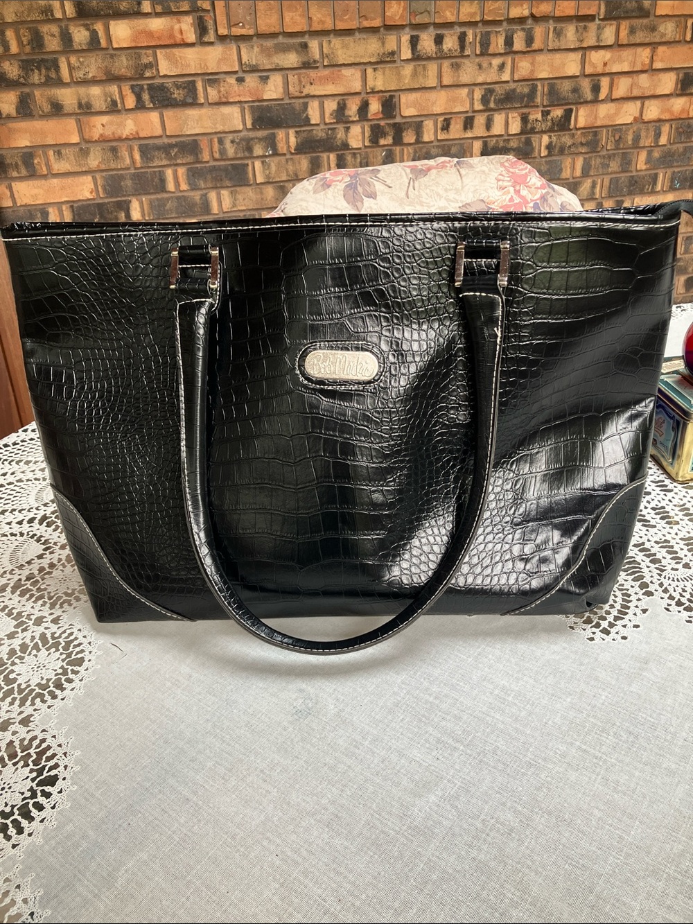 Bob Mackie Black Faux-Croc Leather Tote Bag